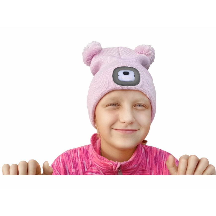 Extol - Cappello con lampada frontale integrata, batteria 250 mAh ricaricabile via USB, rosa con pompon, taglia per bambini