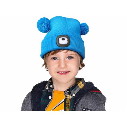 Extol - Kinder-Mütze mit integrierter Stirnlampe und USB-Ladefunktion 250 mAh, blau mit Bommel, Kindergröße