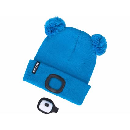 Extol - Kinder-Mütze mit integrierter Stirnlampe und USB-Ladefunktion 250 mAh, blau mit Bommel, Kindergröße