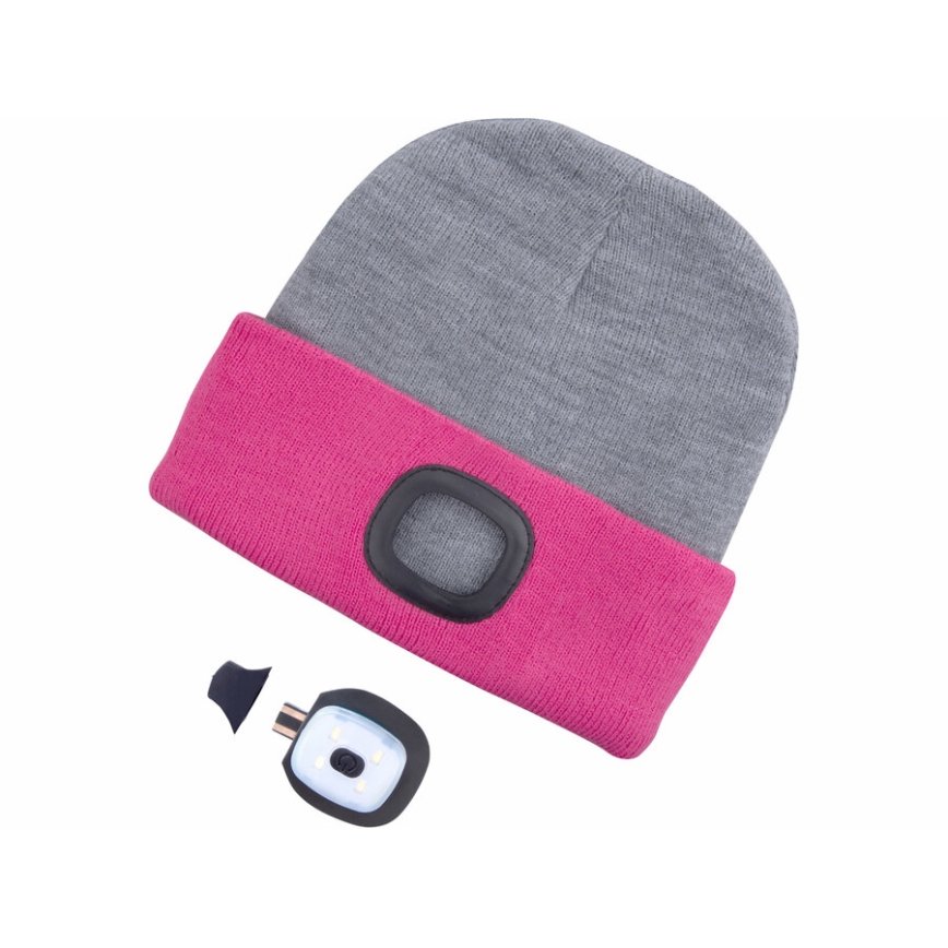 Extol - Mütze mit integrierter Stirnlampe und USB-Ladefunktion, 300 mAh, grau/rosa, Einheitsgröße