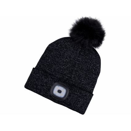 Extol - Mütze mit Stirnlampe und USB-Ladefunktion 300 mAh, schwarz mit Bommel, Gr. UNI