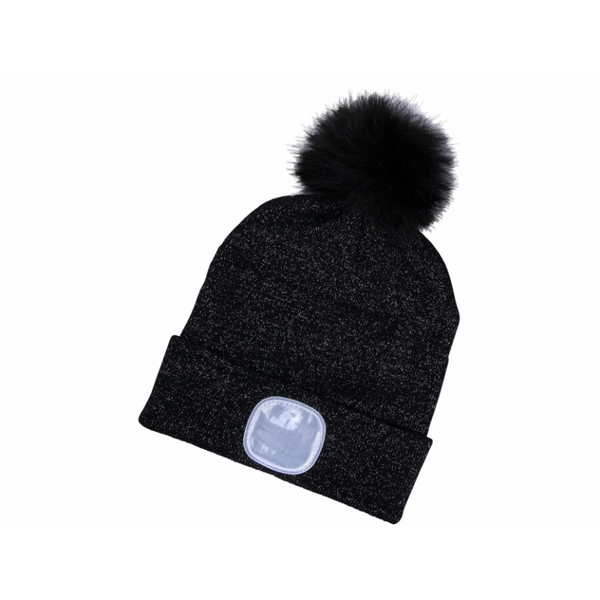 Extol - Mütze mit Stirnlampe und USB-Ladefunktion 300 mAh, schwarz mit Bommel, Gr. UNI