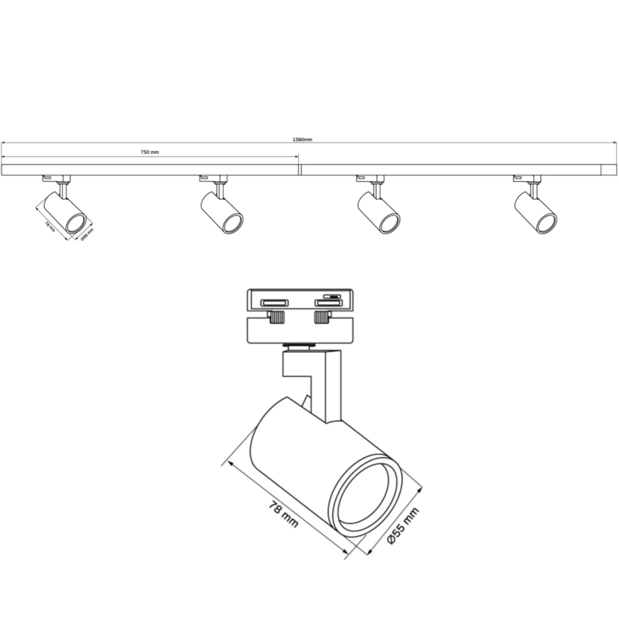 Faretto per sistema a binario LYNX 4xGU10/10W/230V + 2 x 75 cm sistema a binario nero