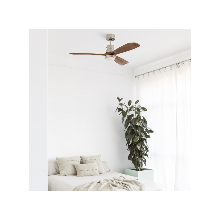 FARO 33518DC - Ventilateur de plafond LANTAU LED/15W/230V chrome mat/bois + Télécommande