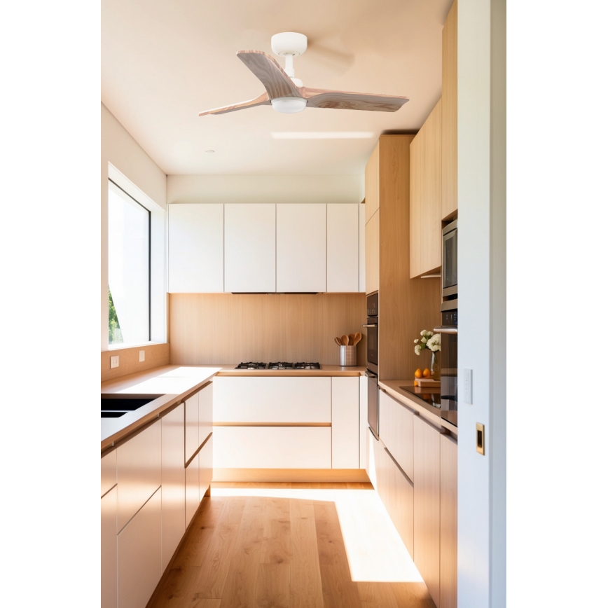 FARO 33805WT-1TW - Ventilatore da soffitto LED dimmerabile HEYWOOD con LED/10W/230V, 2700/3000/4000K, legno/bianco, Ø 90 cm, Wi-Fi Tuya + telecomando