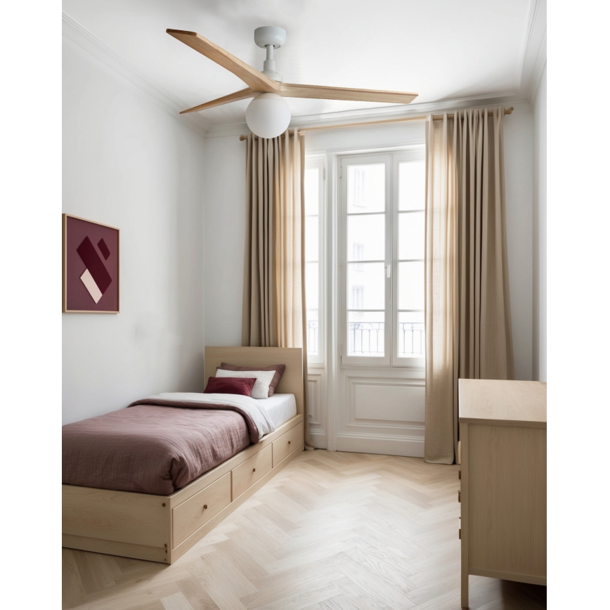 FARO 34280WT-11L - Ventilatore da soffitto KLIM M 1xE27/15W/230V legno/bianco diametro 125 cm Wi-Fi Tuya + telecomando