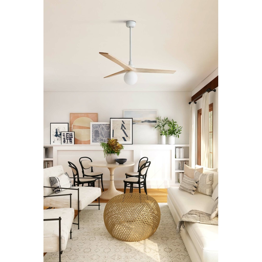 FARO 34280WT-11L - Ventilatore da soffitto KLIM M 1xE27/15W/230V legno/bianco diametro 125 cm Wi-Fi Tuya + telecomando