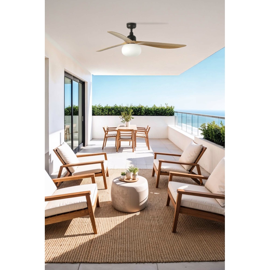 FARO 34360WT-11L - Ventilatore da soffitto OUTWOOD L 1xE27/15W/230V marrone/nero diametro 150 cm Wi-Fi Tuya IP44 + telecomando