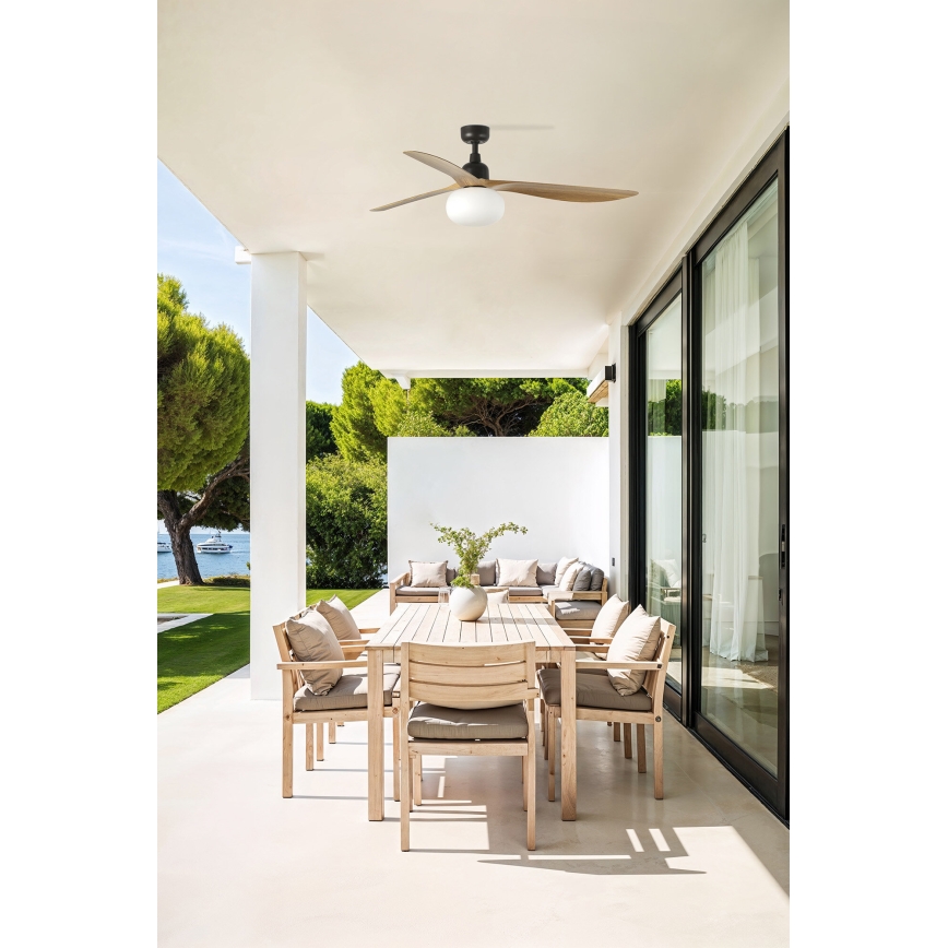 FARO 34360WT-11L - Ventilatore da soffitto OUTWOOD L 1xE27/15W/230V marrone/nero diametro 150 cm Wi-Fi Tuya IP44 + telecomando