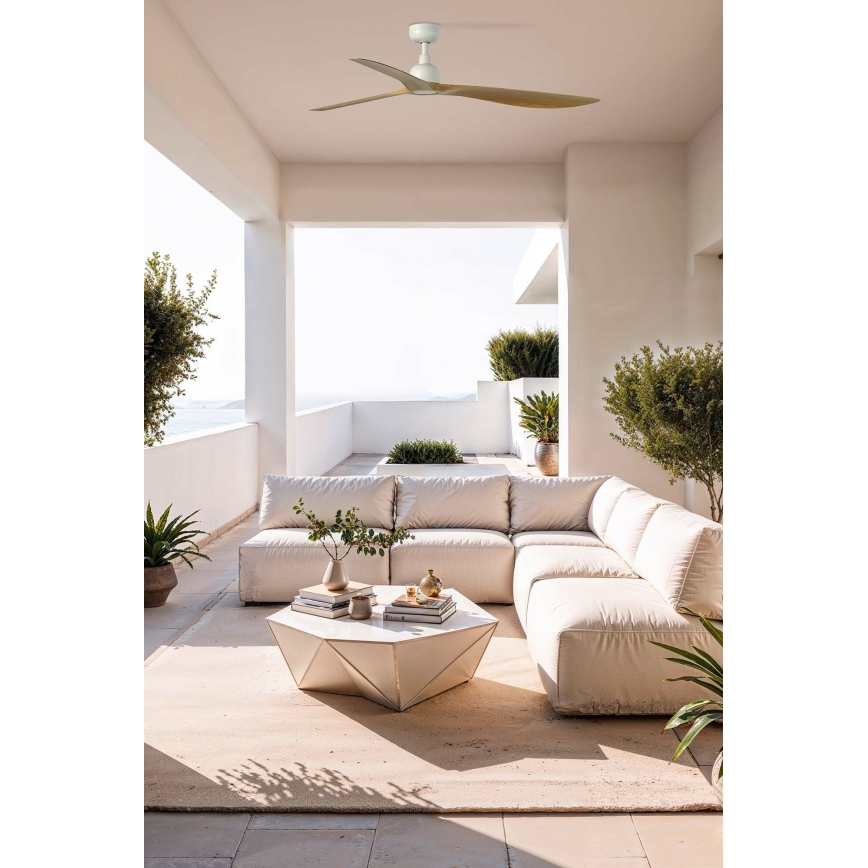 FARO 34361WT - Ventilatore da soffitto OUTWOOD L marrone/bianco, diametro 150 cm, Wi-Fi Tuya, IP44 + telecomando