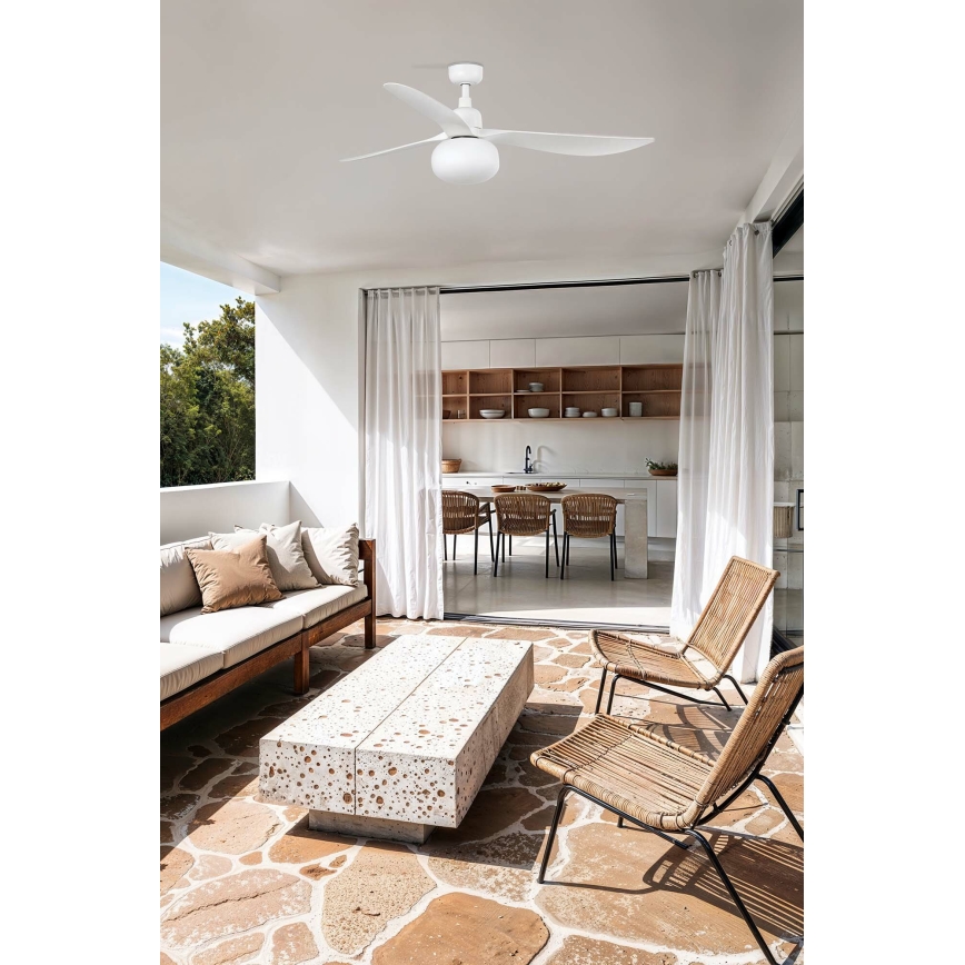 FARO 34363WT-11L - Deckenventilator OUTWOOD L 1xE27/15W/230V weiß d 150 cm Wi-Fi Tuya IP44 + Fernbedienung