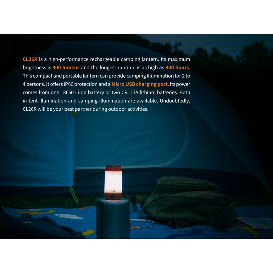Fenix CL26RRED - Lampe portable rechargeable à intensité variable LED/USB/2xCR123A IP66 400 lm 400 h 2600 mAh orange