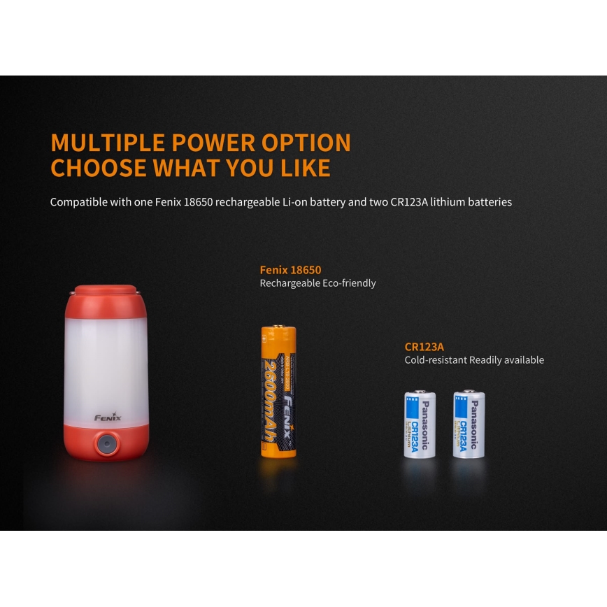 Fenix CL26RRED - Lampe portable rechargeable à intensité variable LED/USB/2xCR123A IP66 400 lm 400 h 2600 mAh orange