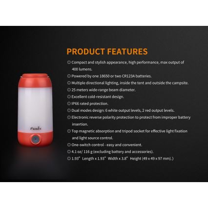 Fenix CL26RRED - Lampe portable rechargeable à intensité variable LED/USB/2xCR123A IP66 400 lm 400 h 2600 mAh orange