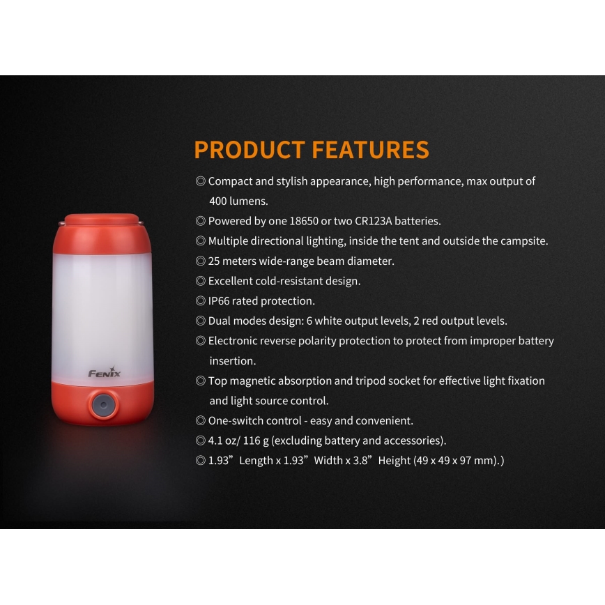 Fenix CL26RRED - Lampe portable rechargeable à intensité variable LED/USB/2xCR123A IP66 400 lm 400 h 2600 mAh orange