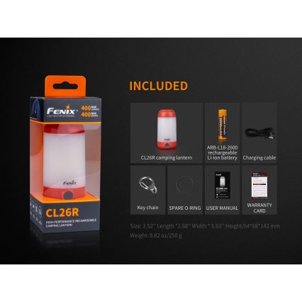 Fenix CL26RRED - Lampe portable rechargeable à intensité variable LED/USB/2xCR123A IP66 400 lm 400 h 2600 mAh orange