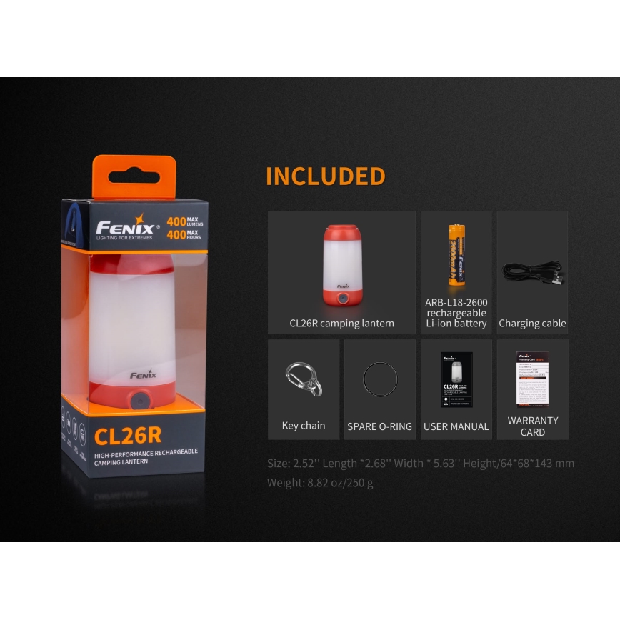 Fenix CL26RRED - Lampe portable rechargeable à intensité variable LED/USB/2xCR123A IP66 400 lm 400 h 2600 mAh orange