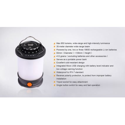 Fenix CL30R - Lampe portable rechargeable LED/USB/6xCR123A IPX7 650 lm 300 h 2600 mAh