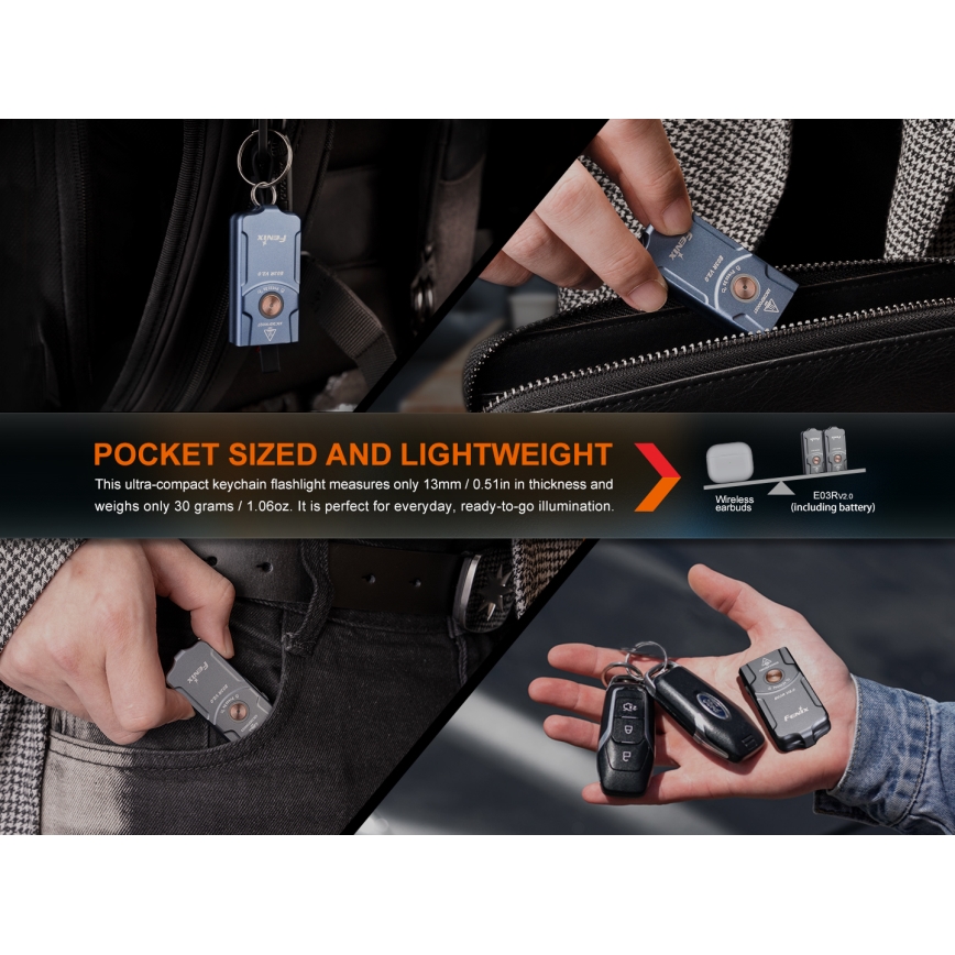 Fenix E03RV20GREY - Aufladbare LED-Taschenlampe LED/USB IP66 500 glänzend 30 h 400 mAh