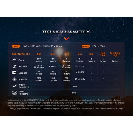 Fenix E03RV20GREY - Torcia LED ricaricabile LED/USB IP66 500 lucente 30 h 400 mAh