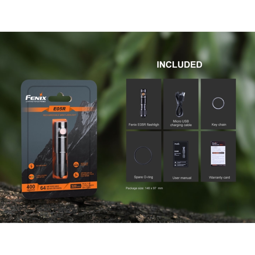 Fenix E05RBLC - Lampe torche rechargeable LED/USB IP68 400 lm 30 hrs