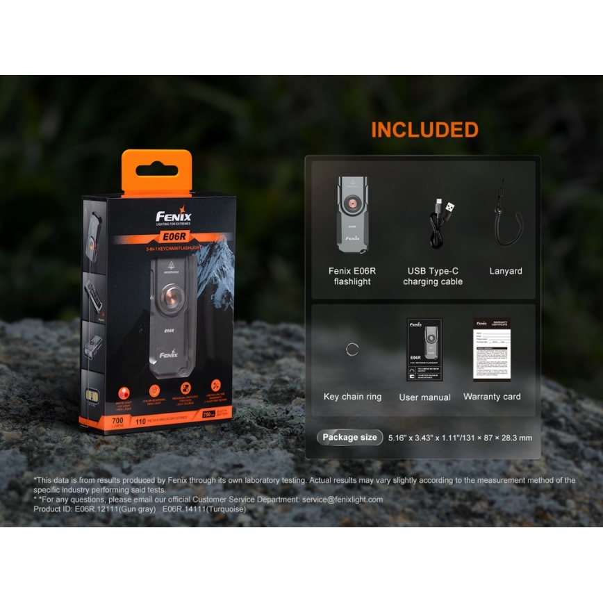 Fenix E06RGRY - Dimmbare, aufladbare LED-Taschenlampe UV LED/USB IP66 700 glänzend 60 h 750 mAh grau
