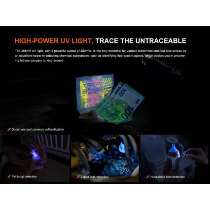 Fenix E06RGRY - Lampe torche rechargeable à intensité variable UV LED/USB IP66 700 lumens 60 h 750 mAh gris