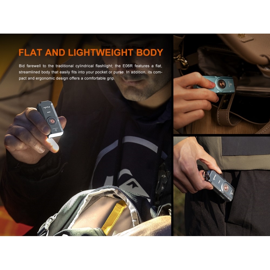 Fenix E06RGRY - Lampe torche rechargeable à intensité variable UV LED/USB IP66 700 lumens 60 h 750 mAh gris