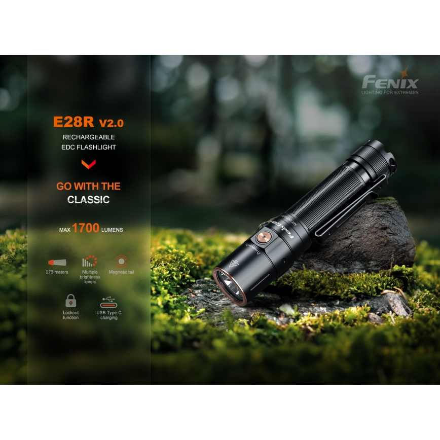 Fenix E28RV20 - Torcia elettrica ricaricabile LED Dimmerabile LED/USB IP68 1700 lm 260 h