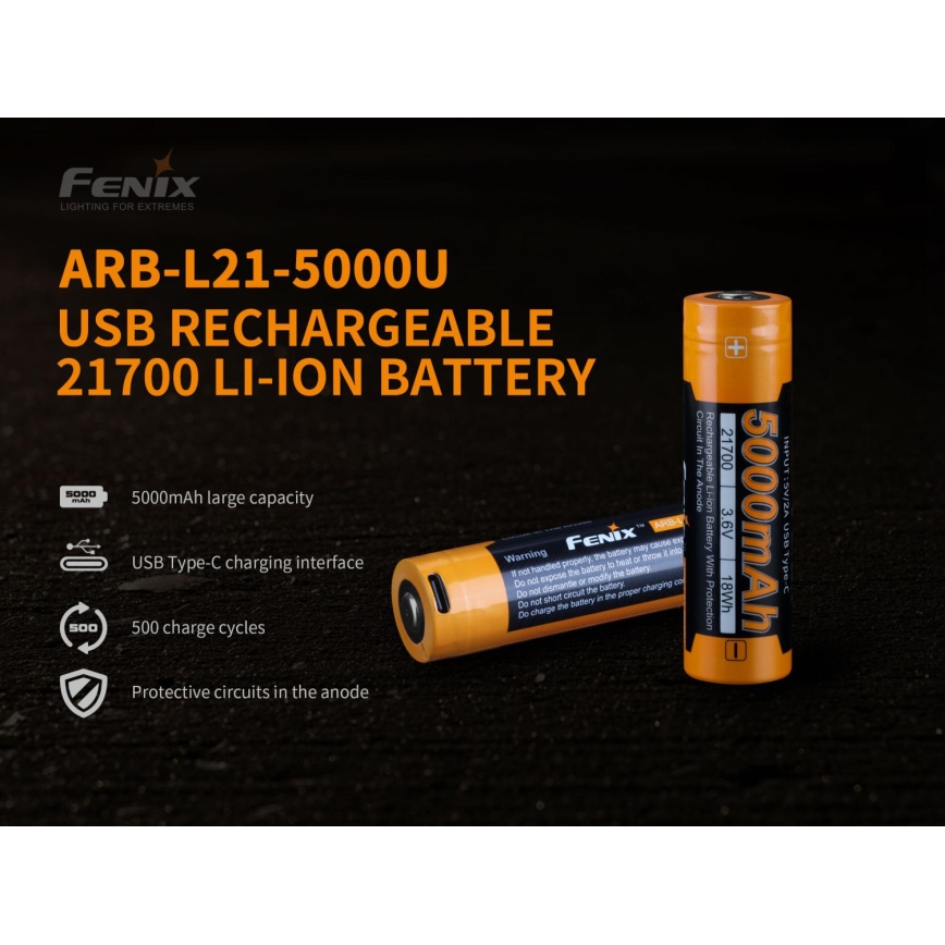 Fenix FE21700USB - 1 Stk. wiederaufladbarer Akku USB/3,6V 5000 mAh