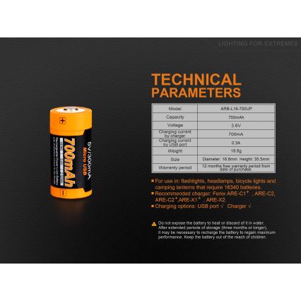 Fenix FERCR123ALIIONUP - 1 Stk. wiederaufladbare Batterie USB/3,6V