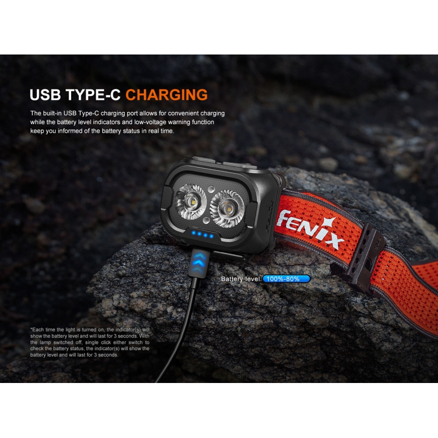 Fenix HL18RTV20BLC - LED Dimmerabile ricaricabile lampada da testa LED/USB IP66 800 lm 160 h nero/arancione