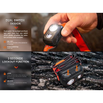 Fenix HL32RTBLCK - Lampada frontale LED ricaricabile LED/USB/3xAAA IP66 800 lucente 300 h 1900 mAh nero/arancione