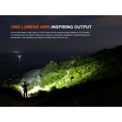 Fenix HL45R - LED Dimmerabile ricaricabile messa a fuoco lampada da testa LED/USB IP66 1000 lucente 240 h nero