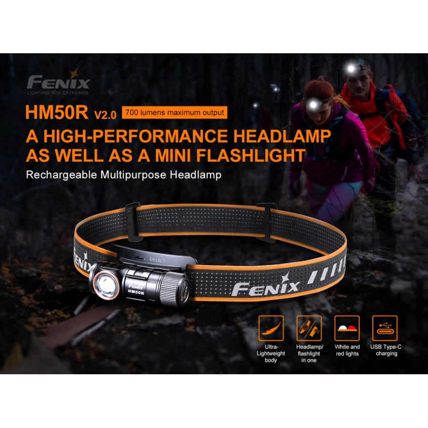 Fenix HM50RV20 - Lampada frontale ricaricabile a LED 3xLED/1xCR123A IP68