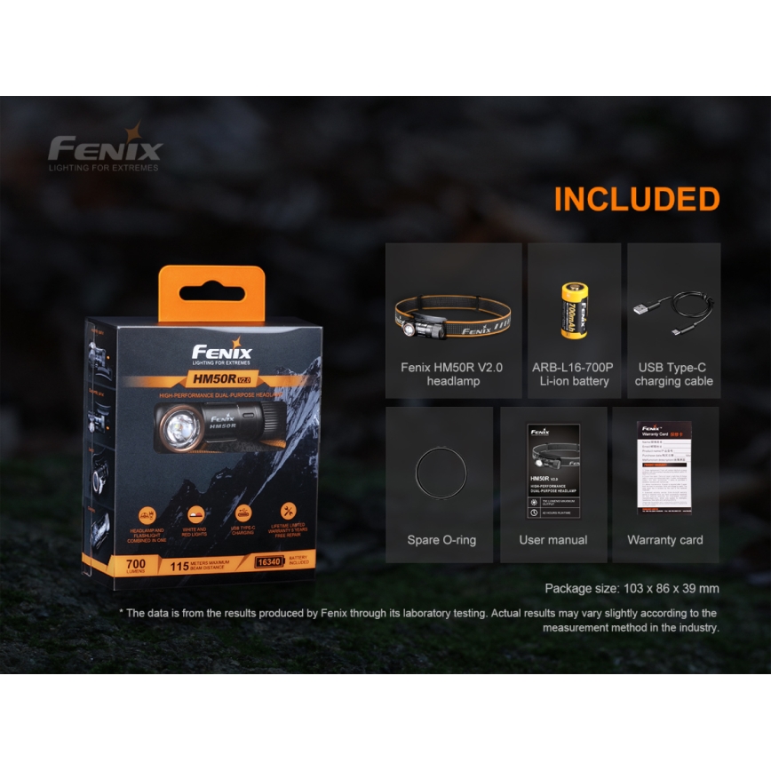 Fenix HM50RV20 - Lampada frontale ricaricabile a LED 3xLED/1xCR123A IP68
