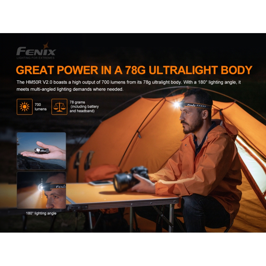 Fenix HM50RV20 - Lampe frontale rechargeable 3xLED/1xCR123A IP68 700 lm 120 hrs