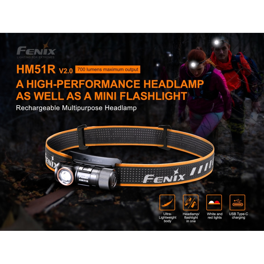 Fenix HM51RV20 - LED Stirnlampe Wiederaufladbar 3xLED/1xCR123A/USB IP68 700 lm 120 h 700 m