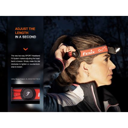 Fenix HM65RTV20BLC- Lampe frontale rechargeable à intensité variable LED/USB IP68 noir/orange