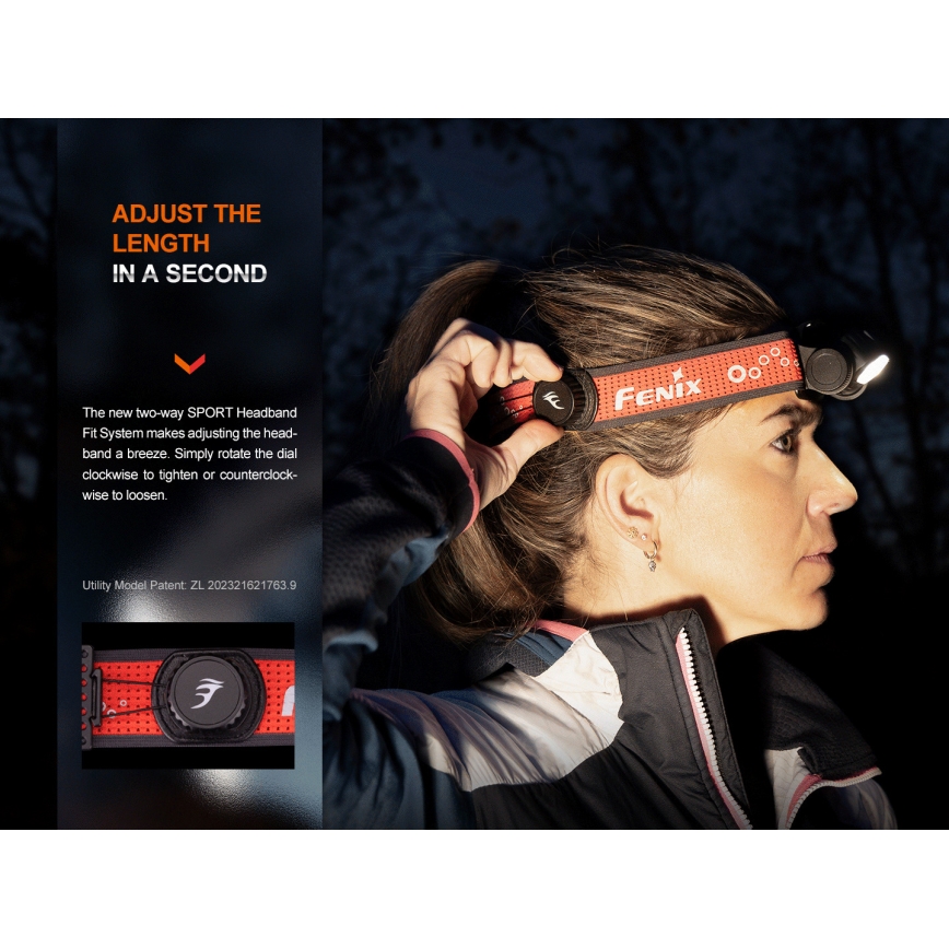 Fenix HM65RTV20BLC- Lampe frontale rechargeable à intensité variable LED/USB IP68 noir/orange
