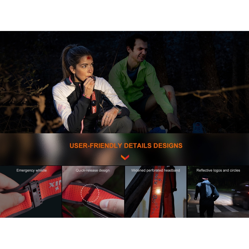 Fenix HM65RTV20BLC- Lampe frontale rechargeable à intensité variable LED/USB IP68 noir/orange