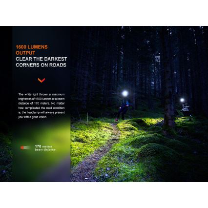 Fenix HM65RTV20PRP - Dimmbare, wiederaufladbare LED-Stirnlampe LED/USB IP68 1600 lm 300h schwarz/violett