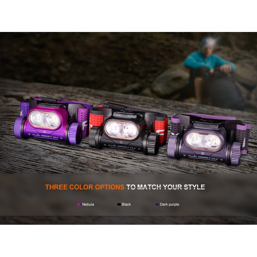 Fenix HM65RTV20PRP - Lampada frontale ricaricabile dimmerabile LED/USB IP68 1600 lm 300h nero/viola