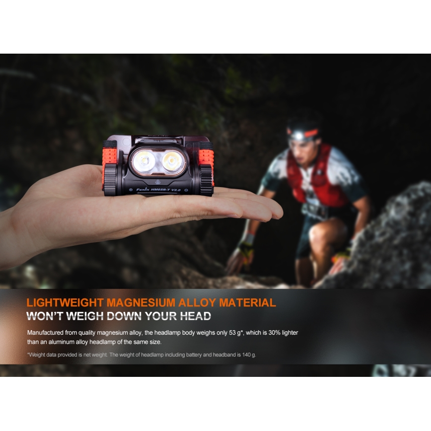 Fenix HM65RTV20PRP - Lampe frontale à intensité variable rechargeable LED/USB IP68 1600 lm 300h noir/violet