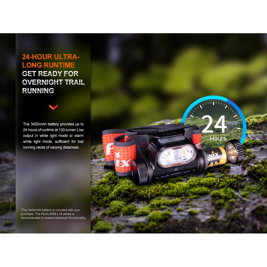 Fenix HM65RTV20PRP - Lampe frontale à intensité variable rechargeable LED/USB IP68 1600 lm 300h noir/violet