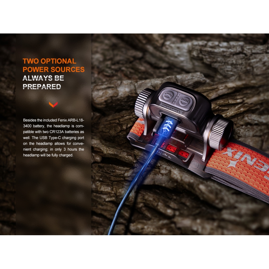Fenix HM65RTV20PRP - Lampe frontale à intensité variable rechargeable LED/USB IP68 1600 lm 300h noir/violet