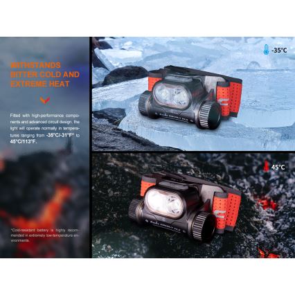 Fenix HM65RTV20PRP - Lampe frontale à intensité variable rechargeable LED/USB IP68 1600 lm 300h noir/violet