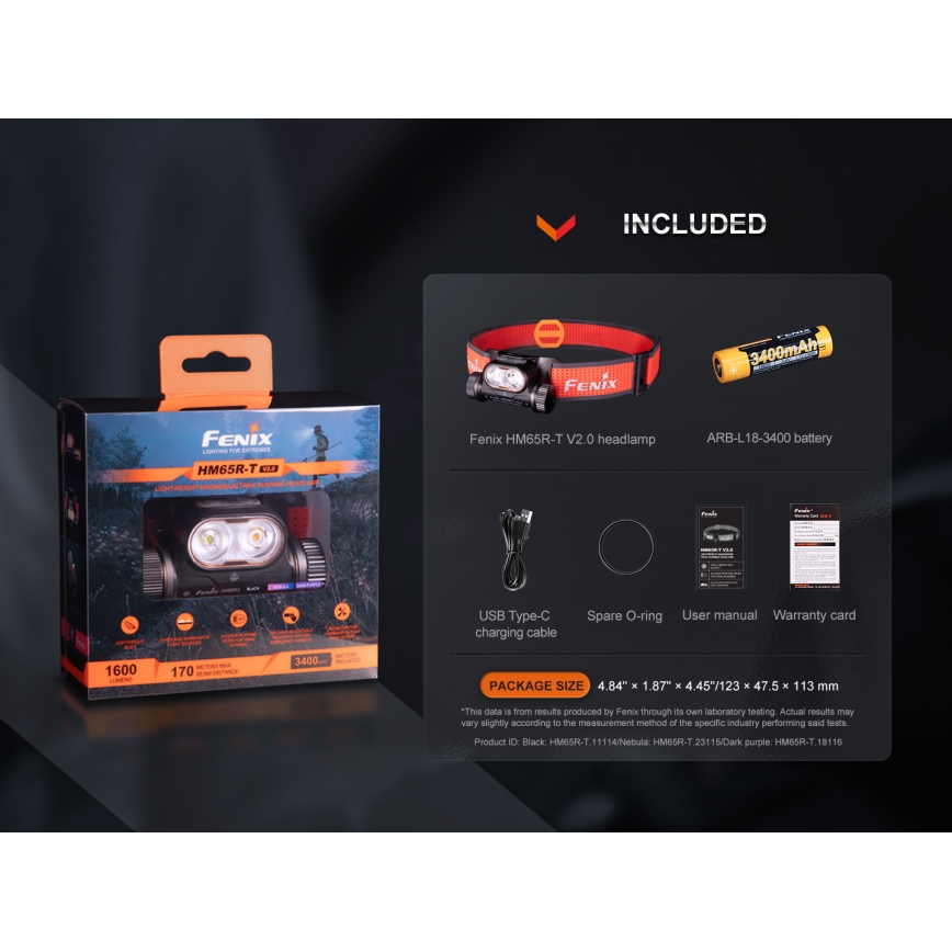 Fenix HM65RTV20PRP - Lampe frontale à intensité variable rechargeable LED/USB IP68 1600 lm 300h noir/violet