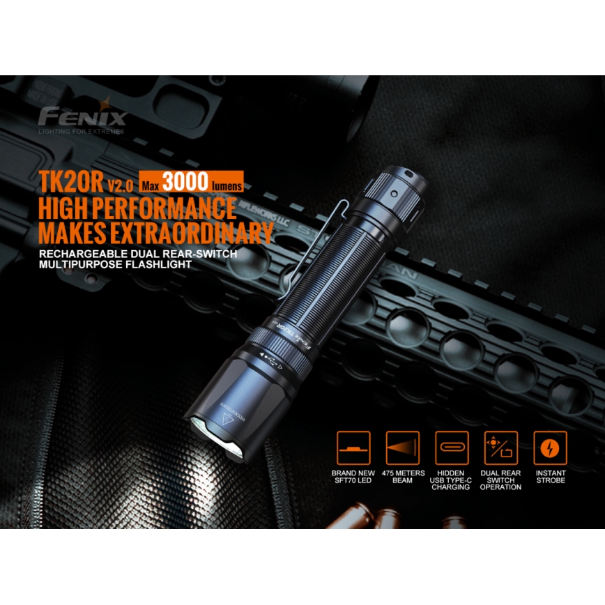 Fenix TK20RV20 - Lampe torche tactique rechargeable LED/USB IP68 3000 lm 48 hrs