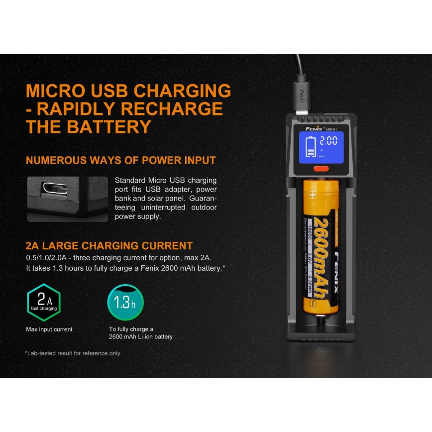 Fenix ​​​​FENARED1 - Caricabatterie 1xLi-ion/AAA/AA/C 5V